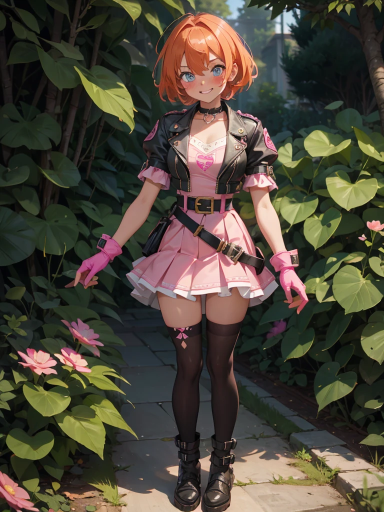 1girl,cowboy shot, beautiful noralkyrie, breasts, looking at viewer, blush, smile, short hair, bangs, blue eyes, skirt, thighhighs, gloves, holding, hair between eyes, jewelry, medium breasts, collarbone, full body, boots, orange hair, grin, shiny hair, blue cropped jacket, white thighhighs, hammernight, outdoors, park, (volumetric lighting), best quality, masterpiece, intricate details, tonemapping, sharp focus, hyper detailed, heart cutout, gloves, jacket, pink skirt, pink belt, short sleeves, puffy sleeves, single armband, fingerless gloves, pink gloves, white ankle boots with pink soles