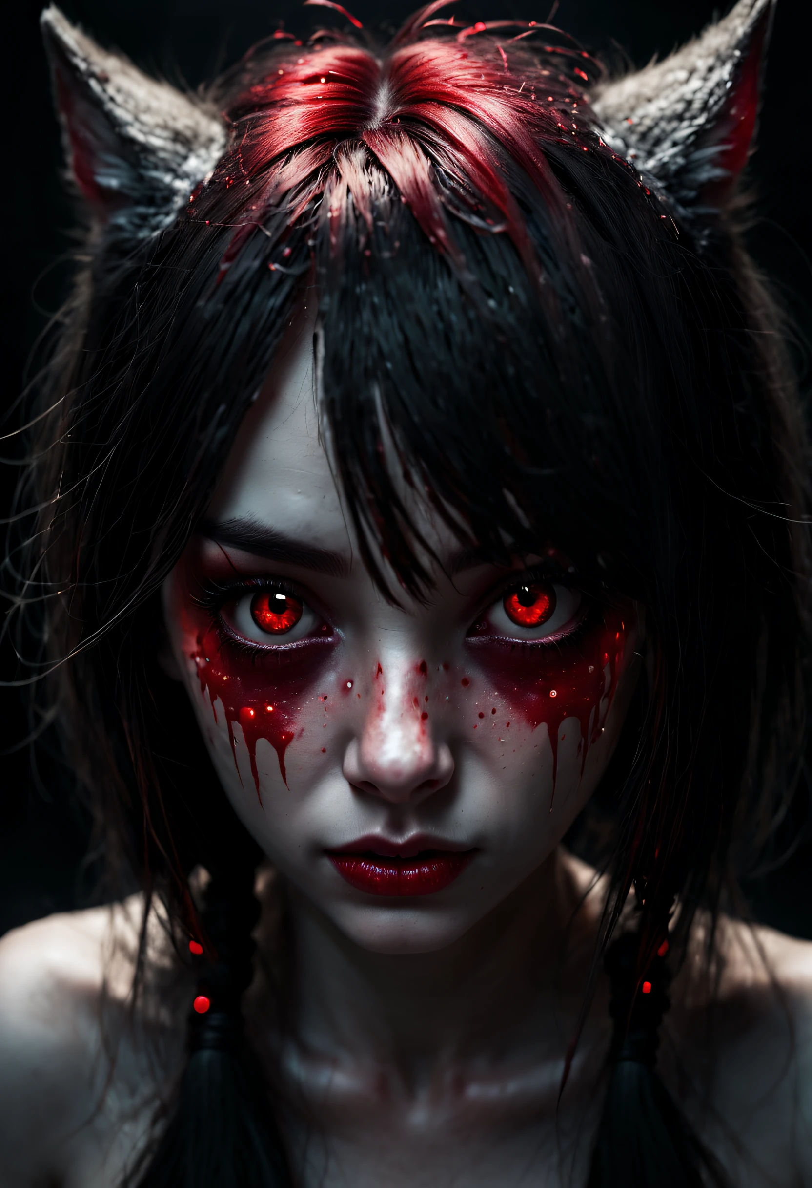 (demon girl),(psychological horror),(close face shot), highly detailed, hd, red shiny dots in black eyes, eye bags, dark background, realistic,(wolf cut hairstyle),
