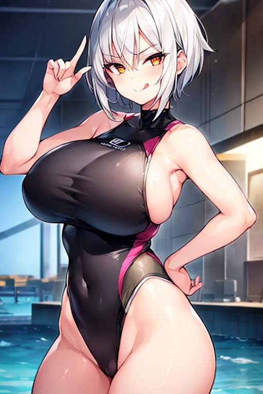 1girl, breasts, large breasts, wide hips, thick thighs, white hair, silver hair, grey hair, short hair, very short hair, tomboy, one-piece swimsuit, black one-piece swimsuit, competition swimsuit, smirk, smug, smile, finger to mouth, tongue, tongue out, finger to own mouth