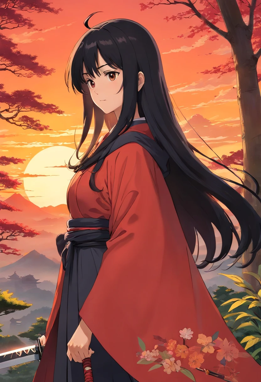 ((best quality)), ((masterpiece)), (detailed), perfect face, girl, samurai armor, wielding katana, red-orange sunset, japanese garden, ((long cloak)), ((long black hair)), full body