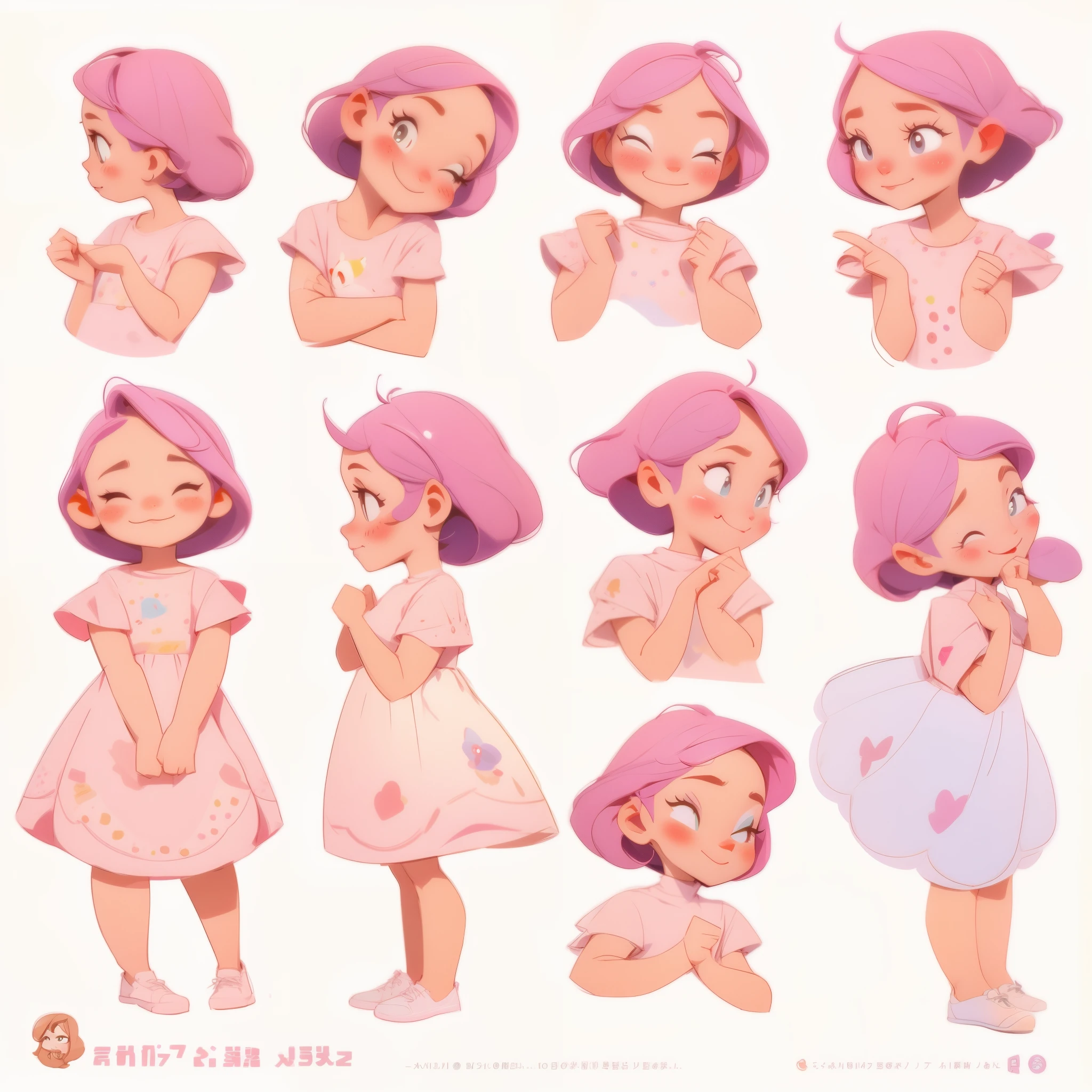 Cartoon character of a girl with different expressions and expressions, design de personagem de alta qualidade, Design de personagem estilizado, design de personagens, design de personagem retrato, diferentes poses, design de personagem muito estilizado, design de conceito de personagem, arte conceitual dos desenhos animados, Design de personagem de corpo inteiro, character concept explorations, character illustration, conceito de design de personagens, arte do conceito de personagem, design de personagem completo, arte do personagem