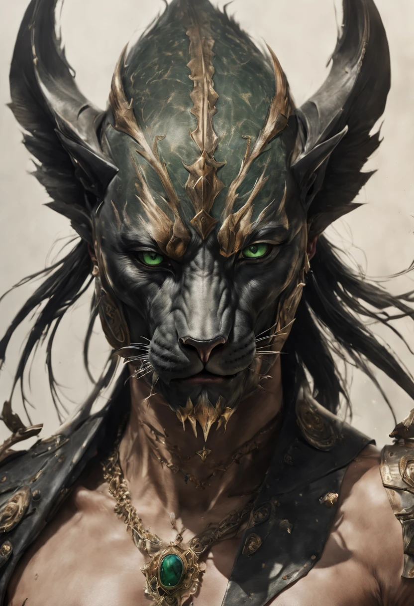 (best quality, ultra detailed), anthropomorhic gepard, (muscular), no shirt, portrait, earring in one ear, green eyes, photorealistic, realistic, scar on face, noir background