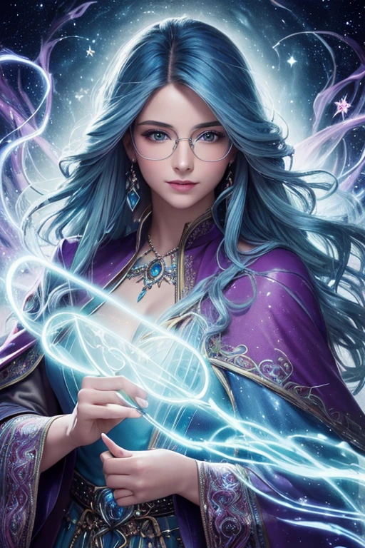 "(best quality,highres,masterpiece:1.2),medium:oil painting,(realistic:1.37),sexy wizard with blue hair and glasses,glowing magical staff,flowing robe,mesmerizing gaze,sparkling blue eyes,beautiful detailed lips,enchanting smile,spellcasting in a mystical forest,background filled with twinkling stars,soft candlelight illuminating the scene,artistic portrayal of power and elegance,vibrant colors blending seamlessly,whimsical and alluring,aura of mystery and enchantment,dimension-defying hair flowing in the wind,crystal-clear glasses reflecting the magic of the world,meticulously painted intricate details,creating a captivating and seductive persona."