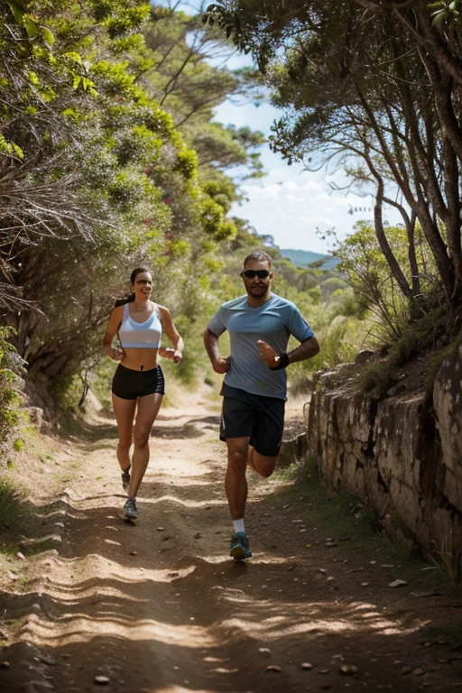 Best quality contemporary illustration of a man and woman running on a trail in Chapada dos Guimarães in high resolution