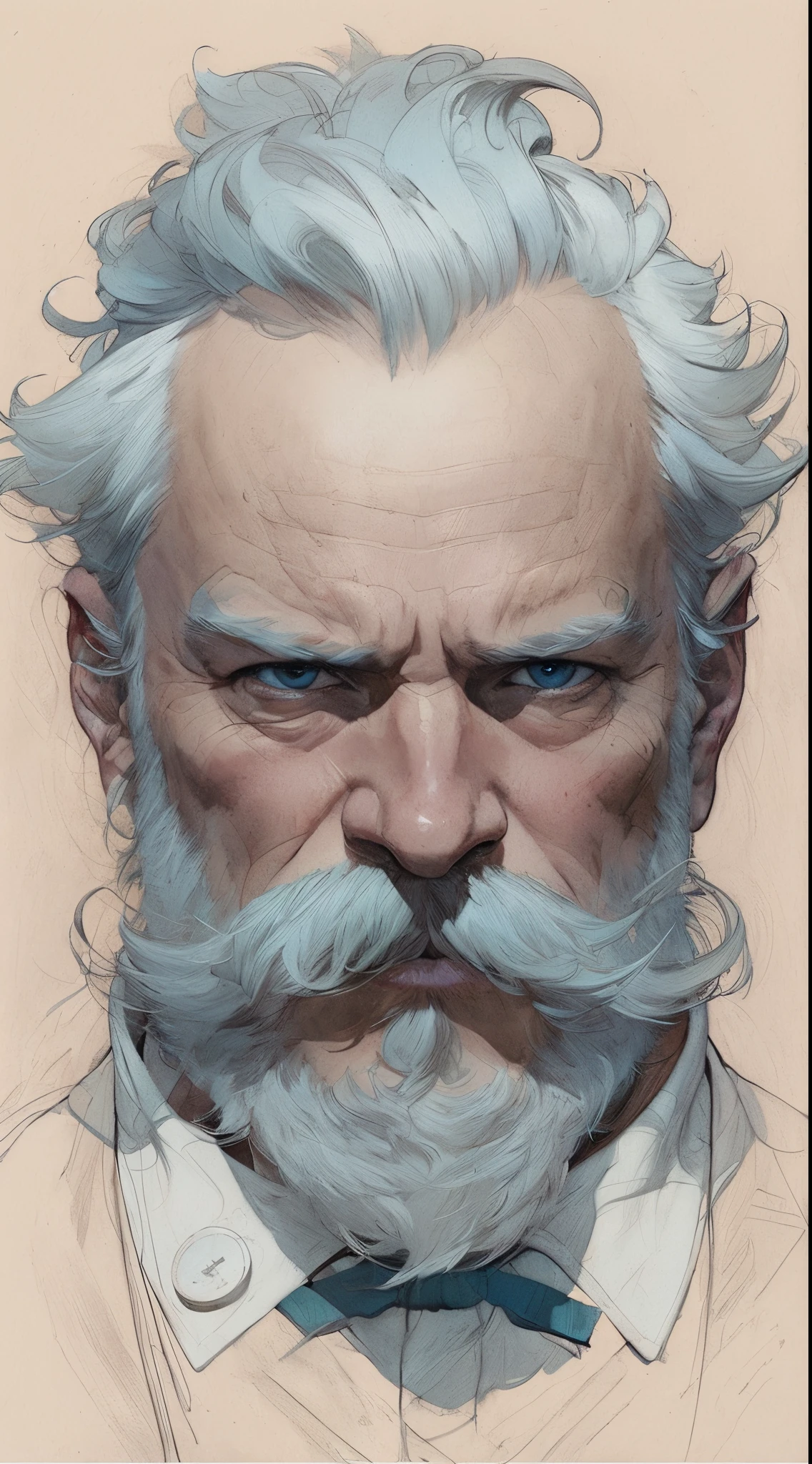 um close up de um desenho de um homem com bigode, Martin then, Retrato da obra, Moebius + Artgerm, Martin then, Epic portrait illustration, Moebius + Loish + WLOP, retrato de personagem de closeup, Stanley Artgerm Lau, estilo de stanley artgerm, James Gurney Estilo de pintura, Craig Mullins Alphonse Mucha, full hd 8k