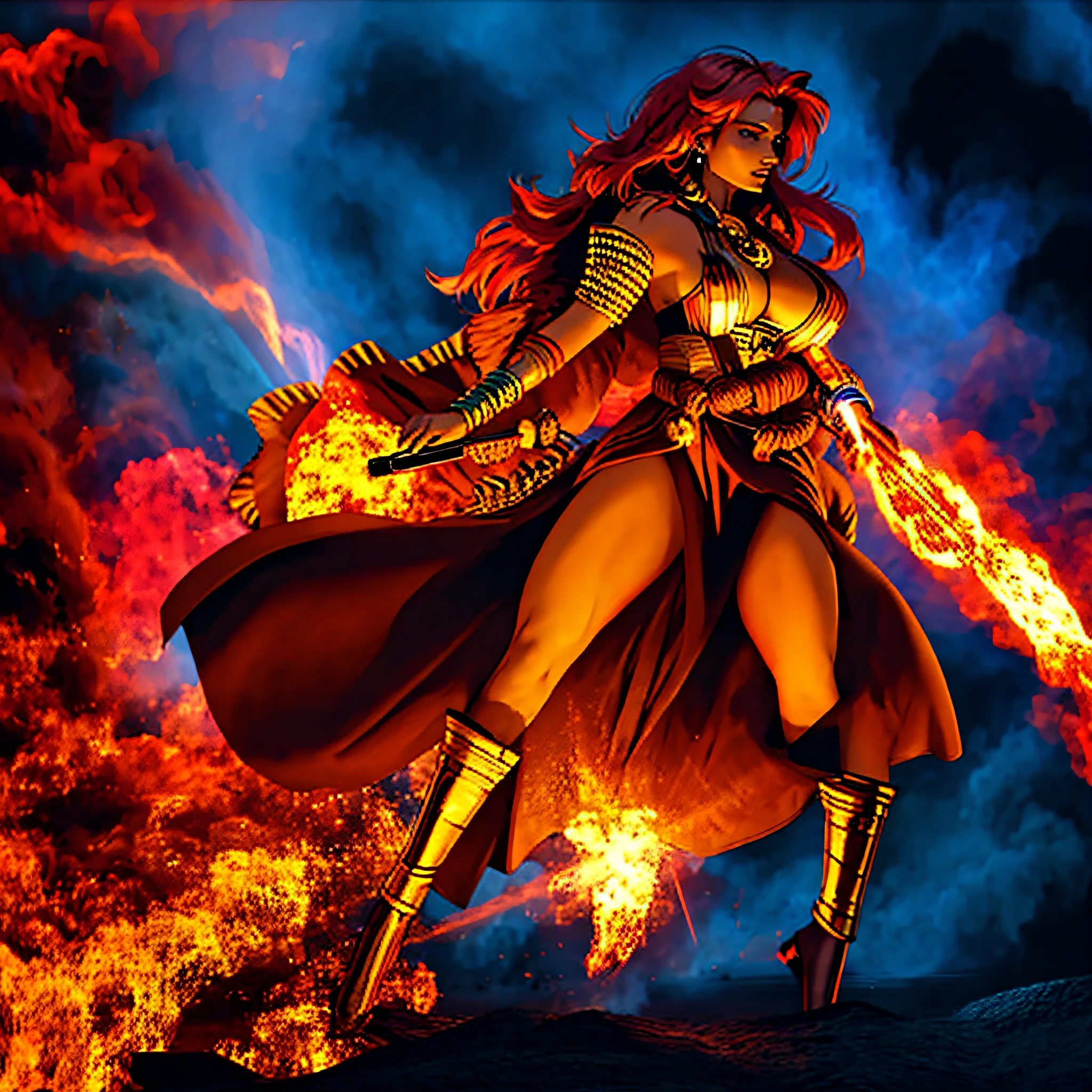 a fiery goddess, vibrant colors, intense flames, flowing red hair, mesmerizing eyes, glowing skin, powerful presence, engulfed in flames, ethereal beauty, mystical aura, elegant and fierce, mythical figure, radiant heat, burning passion, dynamic composition, sparks flying, divine power, otherworldly energy, fiery surroundings, intense heat and light, magical transformation, goddess of destruction and creation, vibrant and captivating, commanding attention, intense inferno, majestic and unstoppable, captivating gaze, transcendent being, a symbol of power and strength