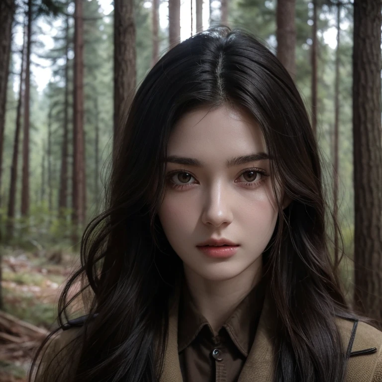 Young french woman with long wavy black hair. She has pale skin and light brown eyes. She in a pine forest. She dressed like a mercenary. The walking dead. Apocalyptic and gloomy.