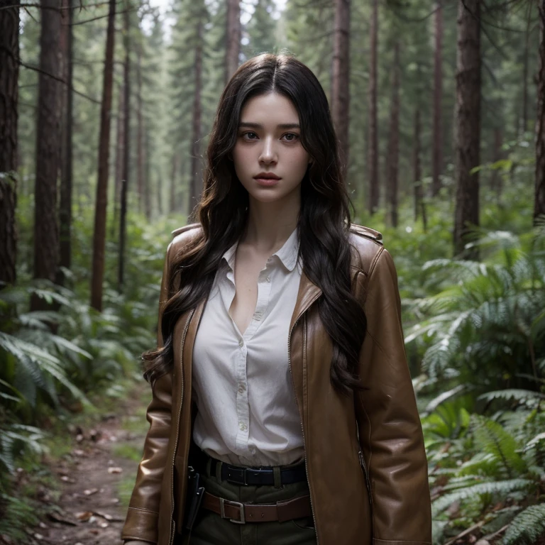 Young french woman with long wavy black hair. She has pale skin and light brown eyes. She in a pine forest. She dressed like a mercenary. The walking dead. Apocalyptic and gloomy.