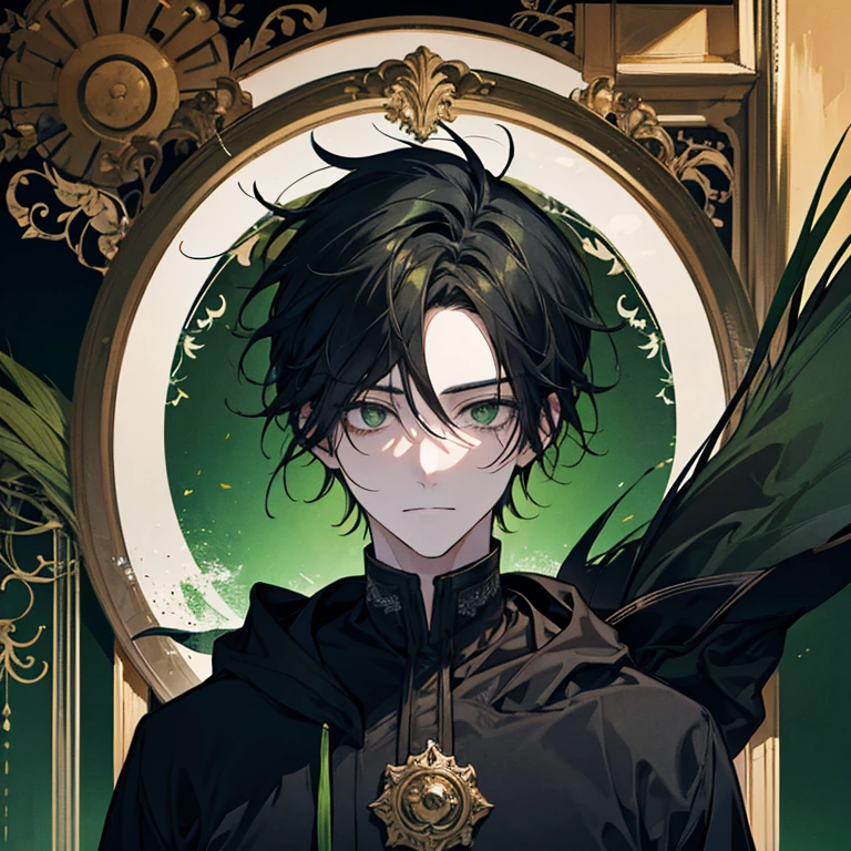 Male, lithe frame, tall, timid and creepy look, black hair, fluffy hair, greasy hair, green eyes, wearing black hoodie