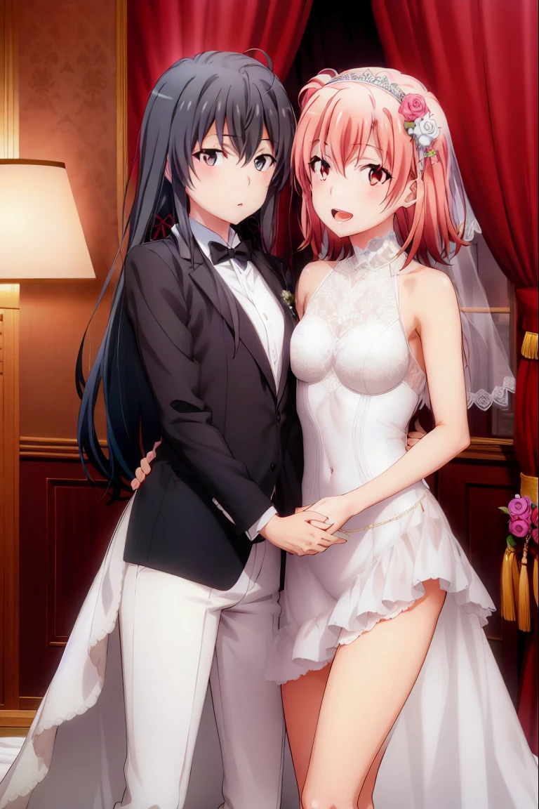 2girls, Yuri, Yukinoshita Yukino, Yuigahama Yui, Yukino in tuxedo, Yukinoshita holds her wife Yuigahama Yui in wedding Dress, NSFW