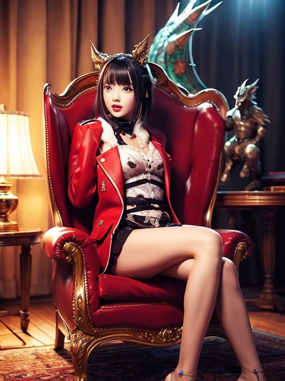 A woman in a red coat sits in a chair，There  a dragon next to it, Popular on ArtStation Pixiv, Detailed anime artwork, detailed digital anime art, Complex and gorgeous anime CGI style, Guvez on Pixiv Art Site, Gurvez on pixiv, anime fantasy illustrations, detailed anime art, clean and meticulous anime art, Detailed key animation art, Red lips slightly open,