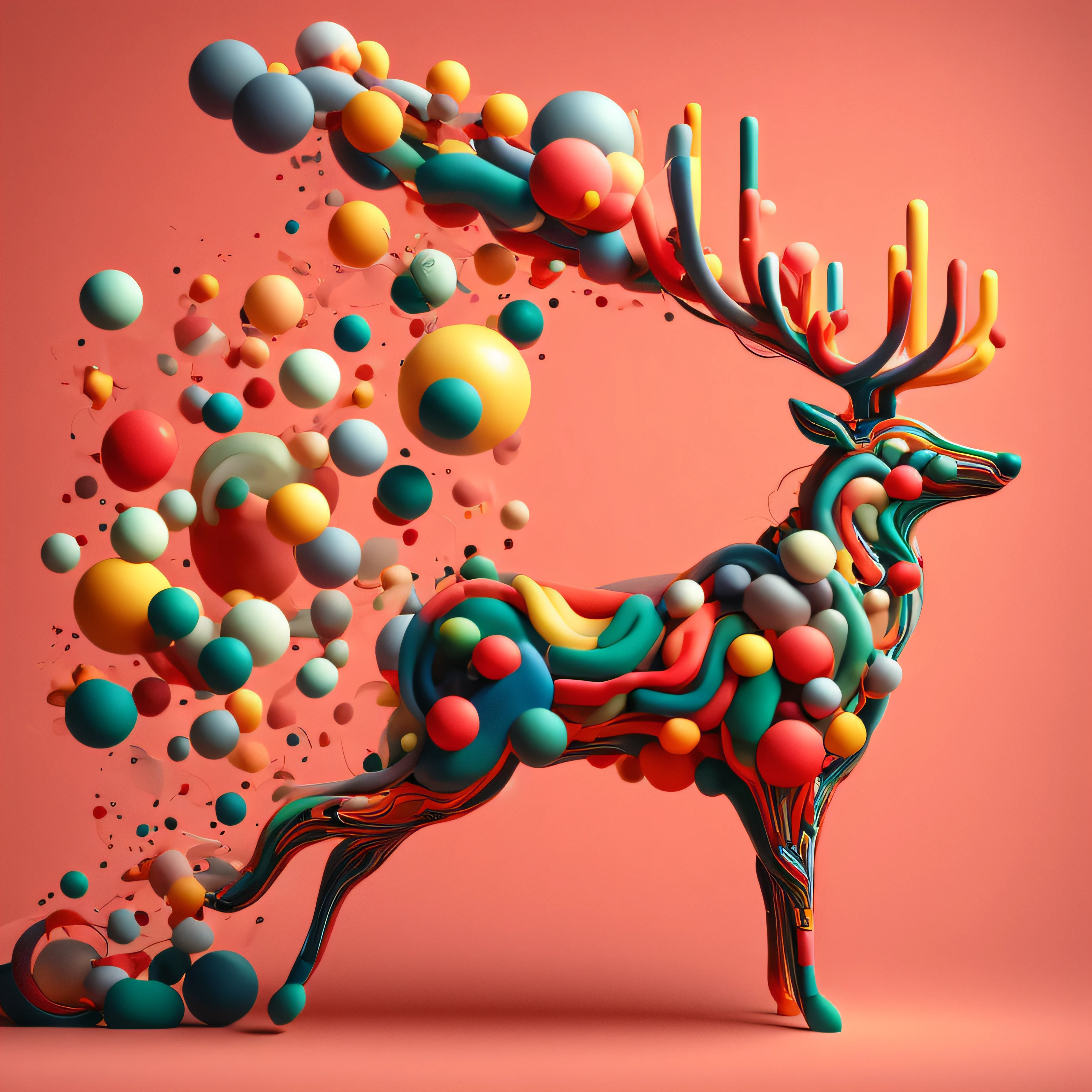 3dabstractreindeer, minimalistic colorful organic forms, energy, assembled, layered, depth, alive vibrant, 3D, abstract, on a light red background