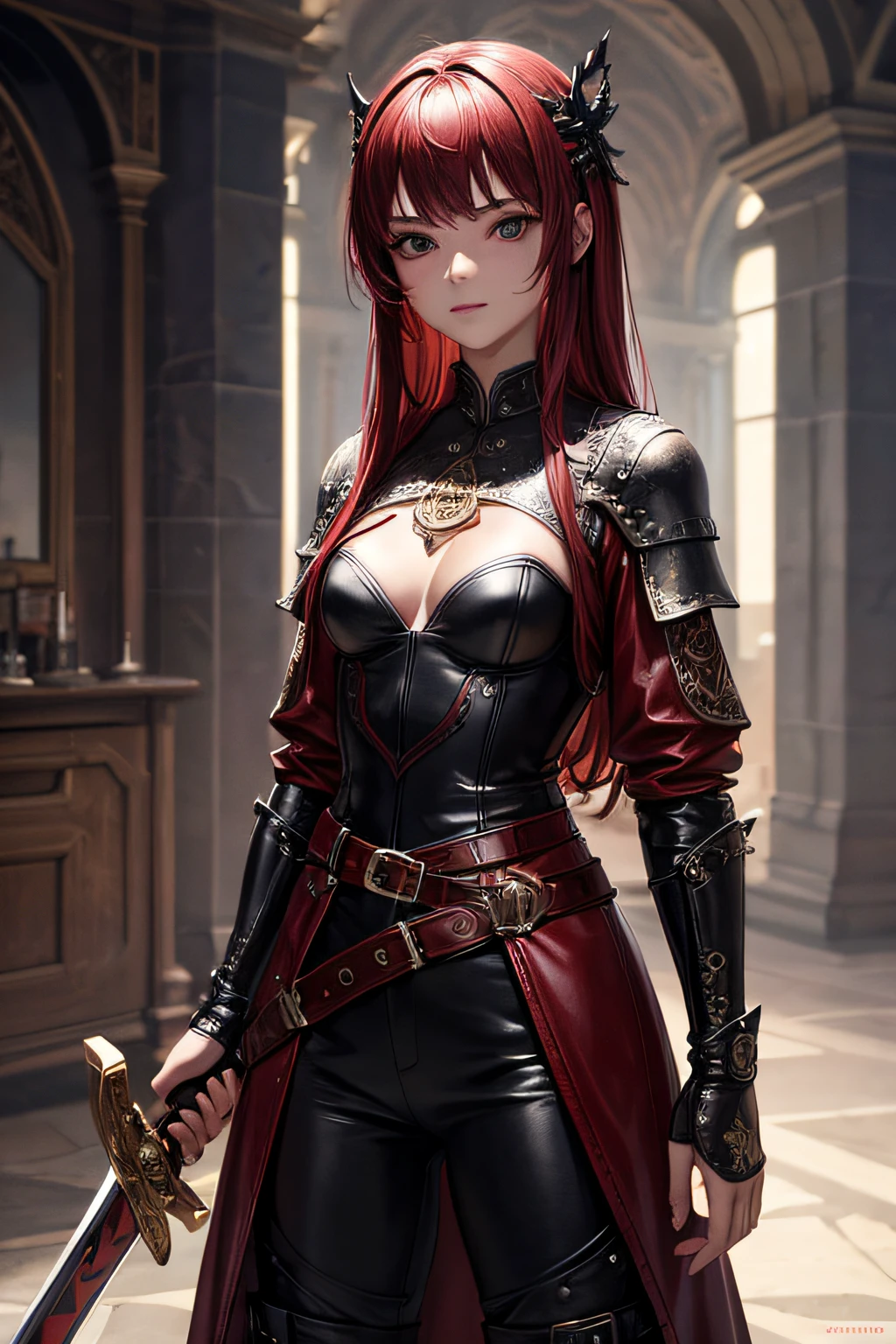 , medieval adveturer, red and black leather clothes, long pants, boots, long coat,, sword attached to the belt, sexi, small breasts, , highly detailed, vibrant appearance, creative behavior, extremly detailed, imaginative, sensual, spontaneous, highest quality, skin texture, intricate details, (cinematic lighting), RAW photo, 8k, masterpiece,best quality,ultra-detailed,very detailed illustrations,extremely detailed,intricate details,highres,super complex details,extremely detailed 8k cg wallpaper,