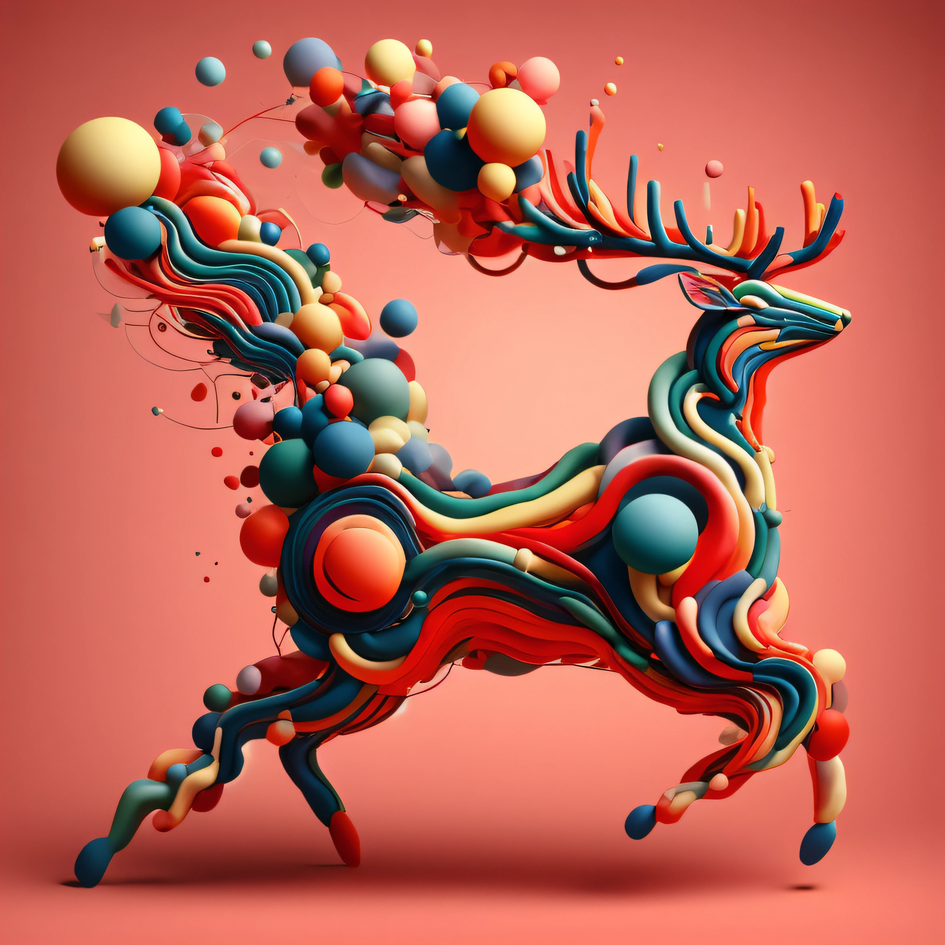 3dabstractreindeer, minimalistic colorful organic forms, energy, assembled, layered, depth, alive vibrant, 3D, abstract, on a light red background