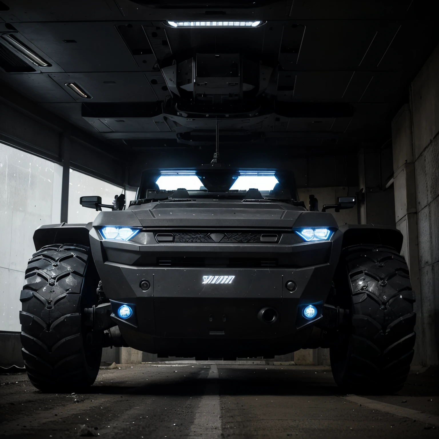 A combat vehicle similar to a battle tank, but futuristic, It is the size of a bus, its straight lines and square shape demonstrate imposing resistance and aggressiveness, its black bodywork without any exposed parts hides its interior, there is no glass, there are no exposed wires, just its matte black metallic bodywork on its roof, there is a futuristic plasma cannon, not very large, its wheels are small, an indestructible armored vehicle approves of everything, its headlights shine with an intense white light illuminating your path in a desert of blue crystals in a futuristic world at night,