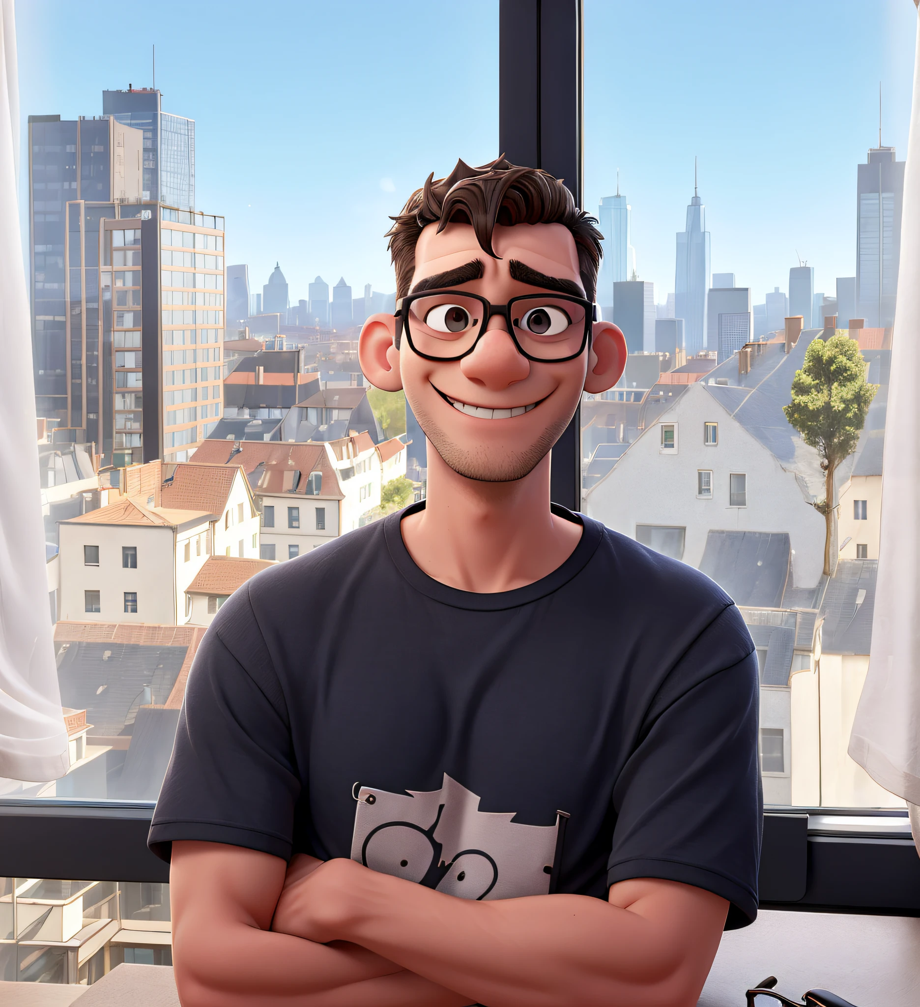 man in glasses standing in front of a window, crossed arms, black metal shirt, smiling, one earing, with a city view,