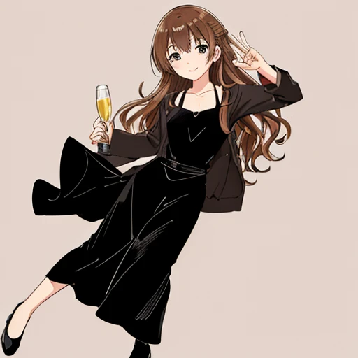 masutepiece, Best Quality,((background should be simple :1.8))、For icons、 23 year old beautiful woman, lightbrown hair:1.5、waved hair、独奏、Wearing a sexy dress、Cheers with a glass of champagne、Full body、Bewitching smile、