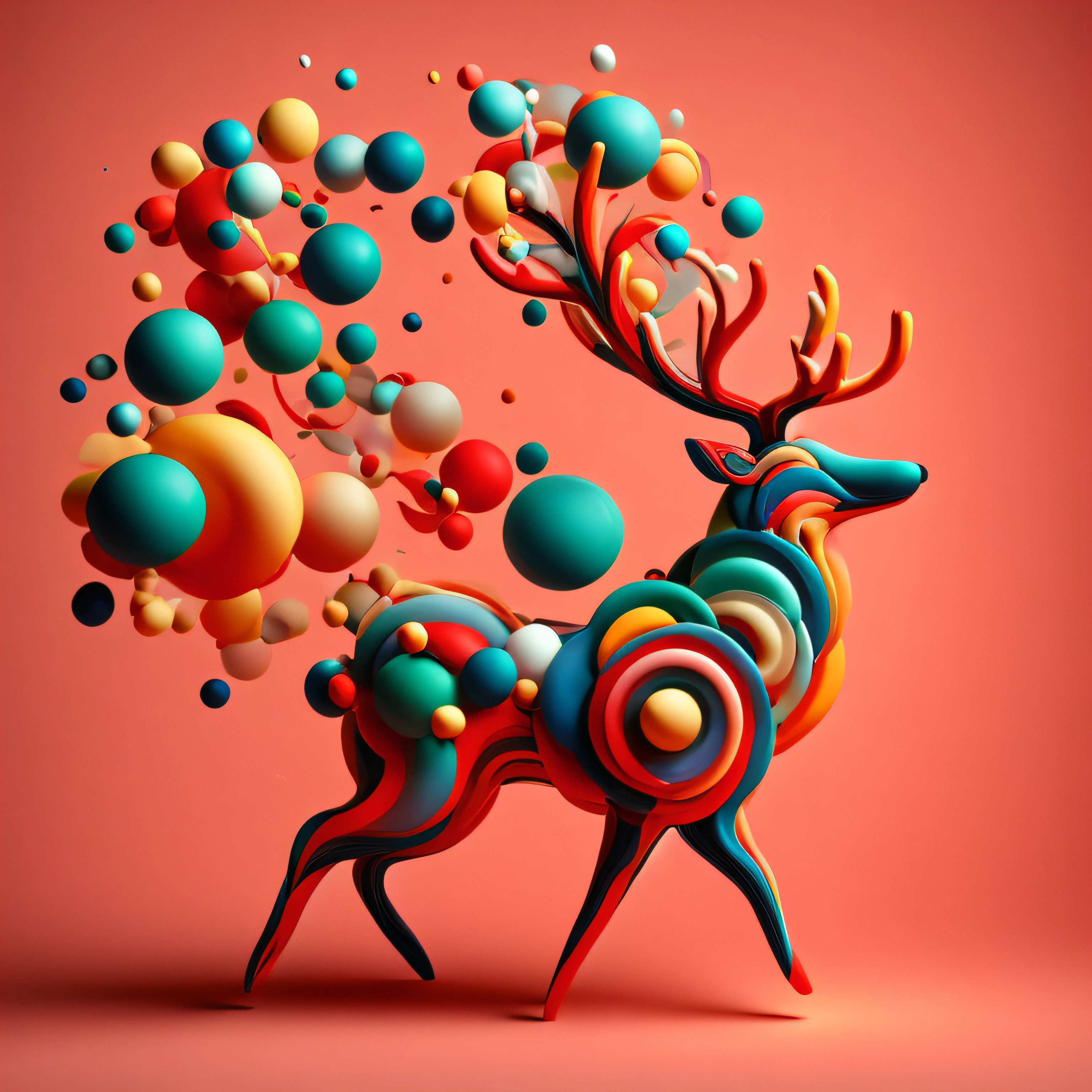 3dabstractreindeer, minimalistic colorful organic forms, energy, assembled, layered, depth, alive vibrant, 3D, abstract, on a light red background