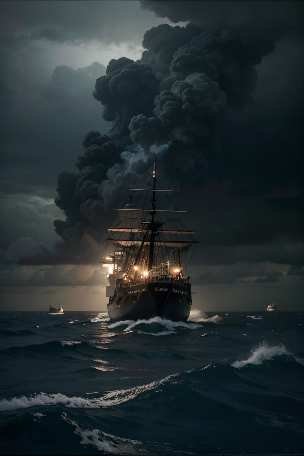 Create a highly realistic and somber photographic-style image depicting a scene where a once swift and nimble ship is now struggling to move through the ocean due to excessive weight. The ship should appear heavily burdened and labored, barely making its way through the turbulent, dark waters. The overall atmosphere should be gloomy and tense, reflecting the struggle and hardship of the journey. The ocean should look rough and unforgiving, and the sky overcast, enhancing the sense of a difficult and laborious voyage.