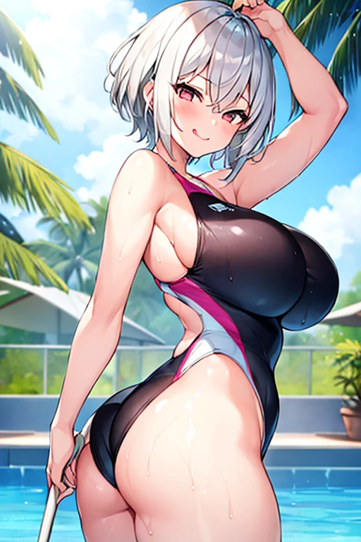1girl, breasts, large breasts, wide hips, thick thighs, white hair, silver hair, very short hair, one-piece swimsuit, competition swimsuit, smirk, smug, smile, tongue, tongue out, pool, wet
