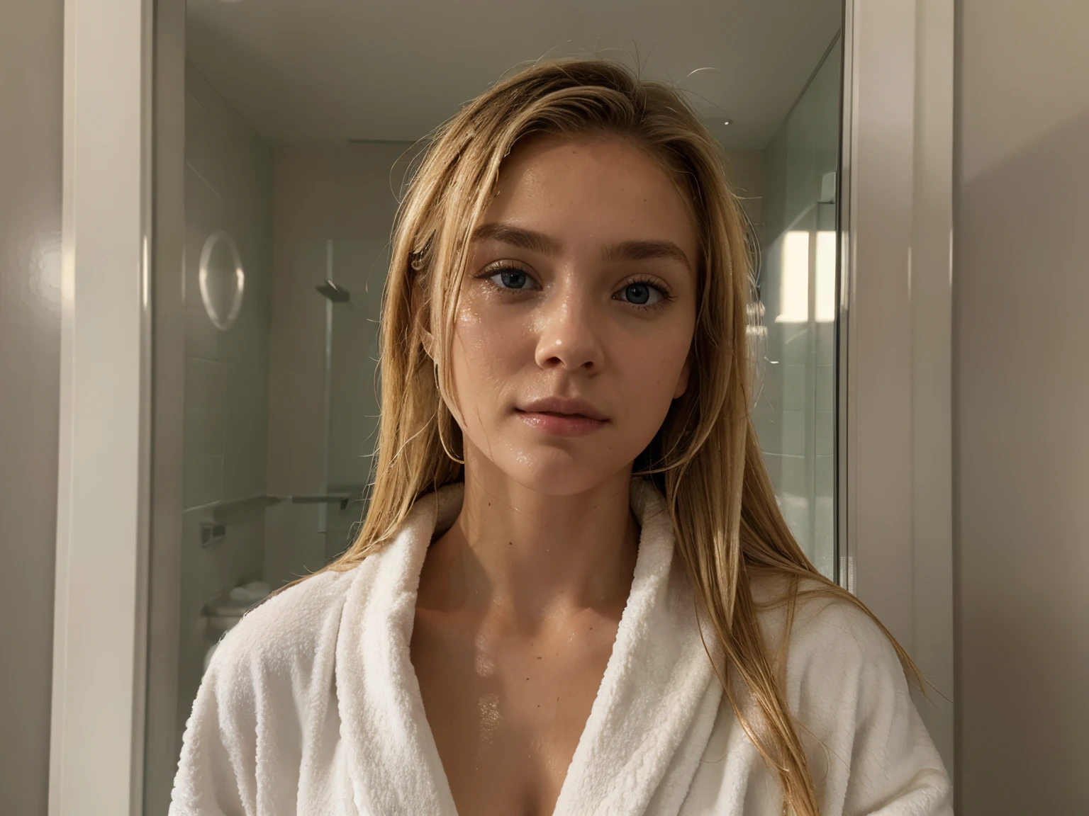 ultra-detailed, blond hair, highest quality, perfect body, wearing bathrobe, shy, bathroom, slightly wet hair, close up selfie no phone