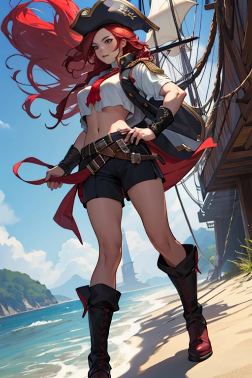 ((best quality)), ((masterpiece)), (detailed), perfect face, girl, pirate captain, ((long red hair)), full body, midriff