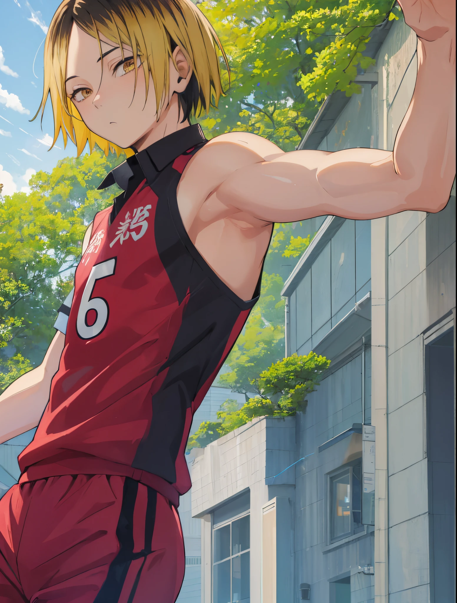 1boy, (Masterpiece, Top Quality, Best Quality), upper-body, blonde hair, black hair, multi-colored hair, forehead, (gym uniform: 1.1), 独奏, exterior, Park, Walking, blue skies, sakura trees, male focus, 8K, Negative_Hand-Neg Oji, shows armpit