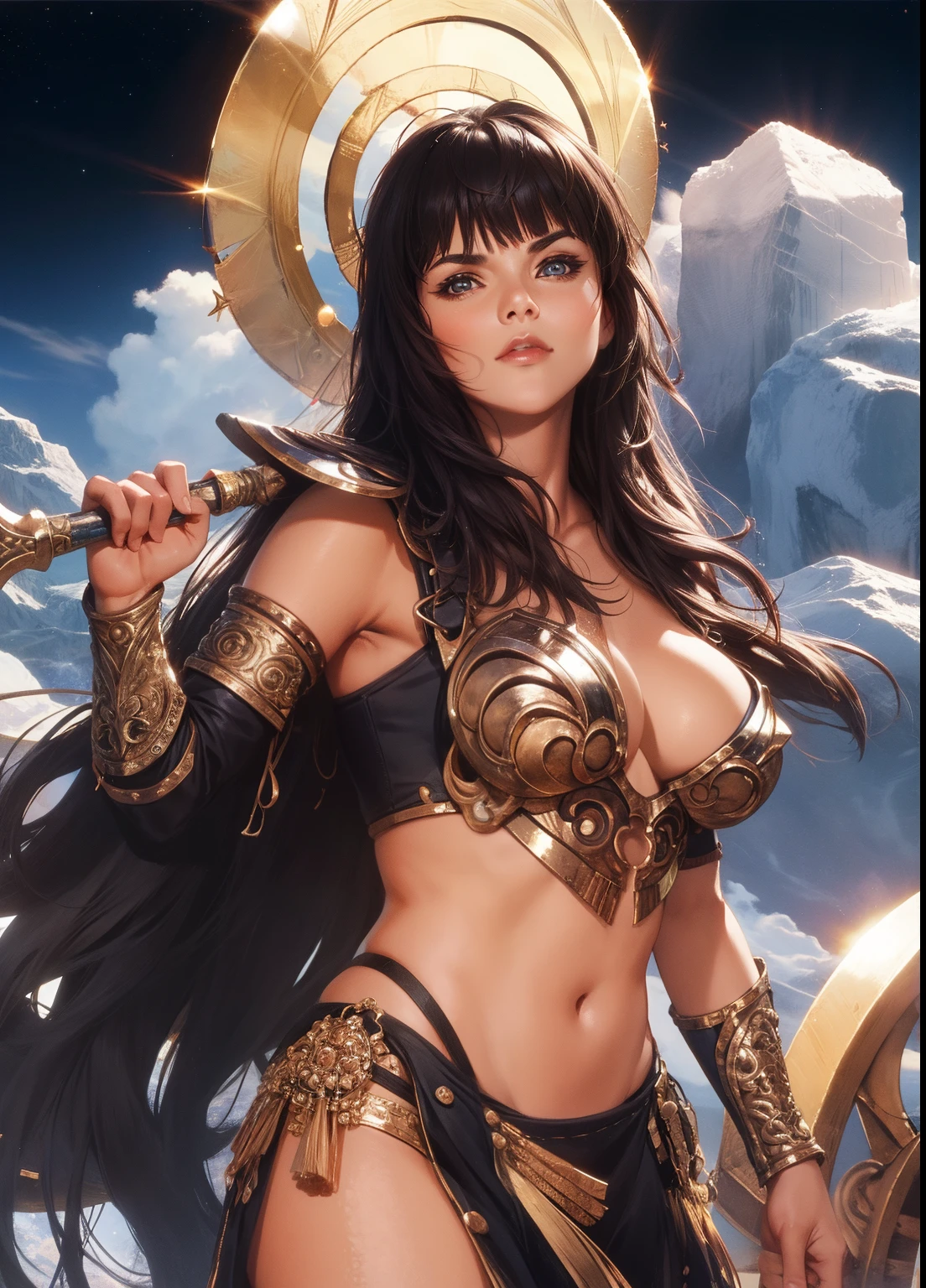 (Xena) (Cute face) (Nice body) (Highly detailed) (Highest quality) (nebula background) (large breasts) (godly aura)