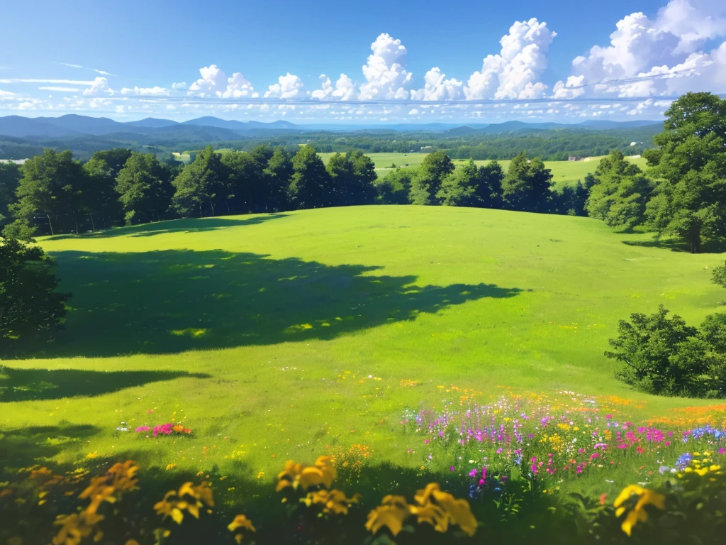 (best quality,4k,8k,highres,masterpiece:1.2),ultra-detailed,(realistic,photorealistic,photo-realistic:1.37),middle of summer,lush vegetation,trees,wild flowers,blue sky,sunny,white clouds,vibrant colors,natural lighting
