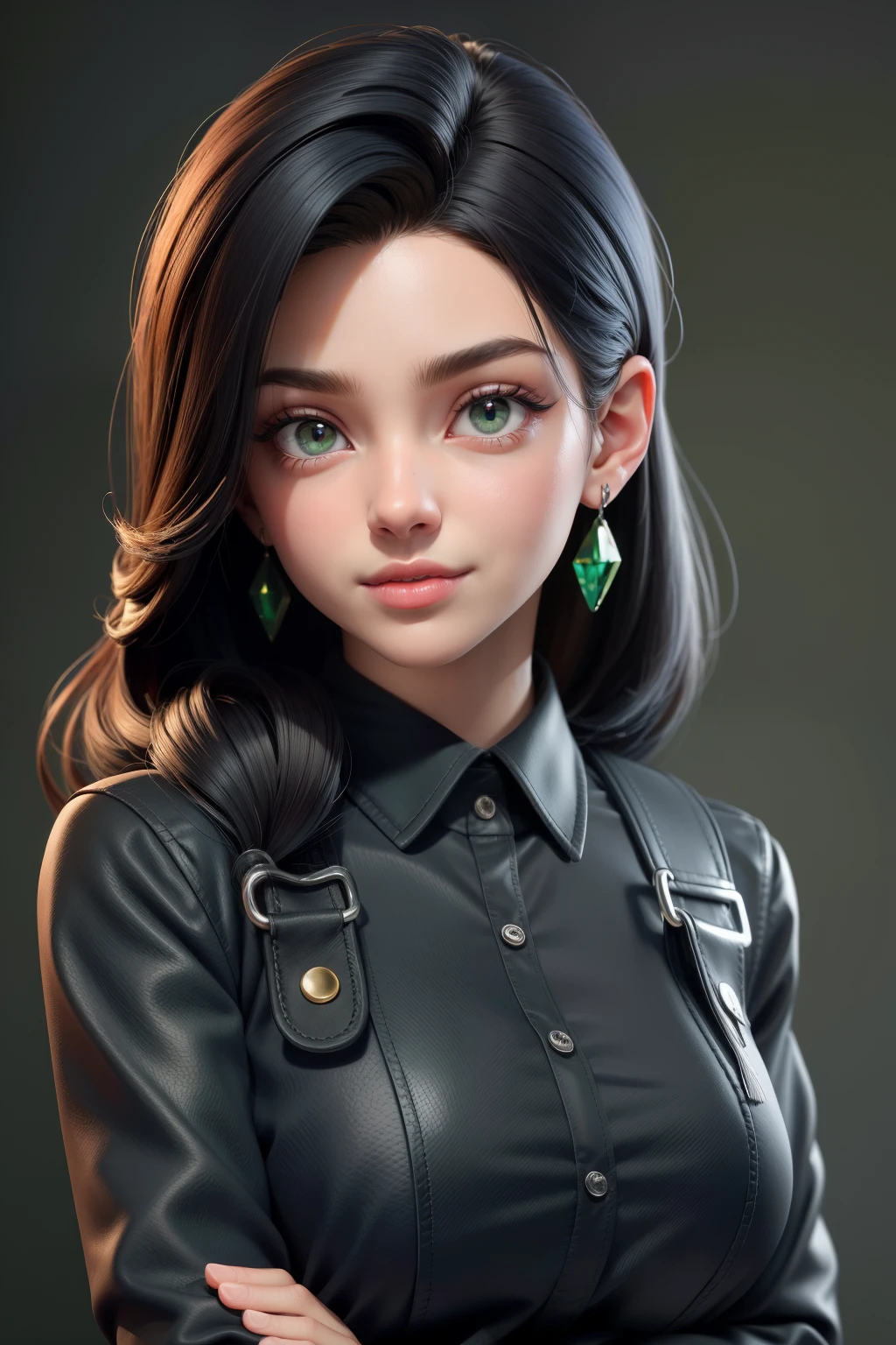 best quality, ..3d rendering work, ..Estilo 3DMM, Close-up, retrato, ......3d, 1girl, somente, cabelos pretos, tear earrings, Looking at camera, frente, Realistic, parte superior do corpo , with arms crossed, Fundo, franja, Desviando o olhar, cabelo preto liso longo, separated-lips, Gargantilha, maquiagem , Squishy, camisa polo verde, olhos verdes, Tifa Lockhart, (seios pequenos: 1.1) reference: Https://imagem9.Cdn.arte marinha...ai/2023-08-04/52449297297477/C9E0706CFFA353936C45F41FEF45E6C4F2A12E7C..png