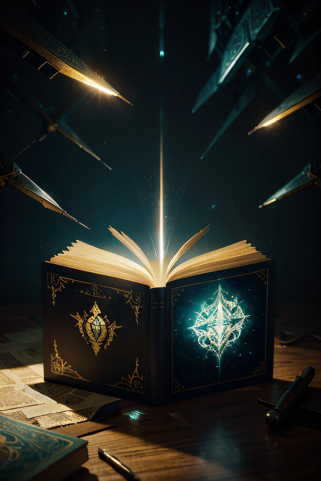 An open book with light emitting from the book, trending in artstation, hyper-realistic, highly detailed ,fantasy by Anato Finnstark