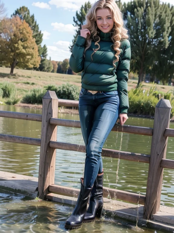 woman outside standing in a pond in (puffy winter coat) and tight sweater and navy blue jeans and stiletto heel boots, (((showboots))), inviting smile, ((short curly blonde hair)), green eyes, pee stain
