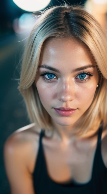 (selfie shot, from above: 1.4), (half-body portrait: 1.4), 24-year-old blonde (blue-eyed woman) walking in a bar RAW uhd portrait photo, natural breast_b, city background at night, (yellow sundress), (crack), detailed (texture!, hair!, shine, color!!, flaws: 1.1), highly detailed glowing eyes, (looking at camera), specular light, dslr, extreme quality, sharp focus, sharp, dof, Film grain, (centered), Fujifilm XT3, crystal clear, center of frame, cute face, sharp focus, street lamp, neon lights, bokeh, (dark light), low key, night, (night sky ) detailed skin pores, oil Dark skin, brown, complex eye details
