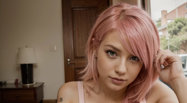 photo of a very beautiful pink hair woman looking at the camera with sexy look