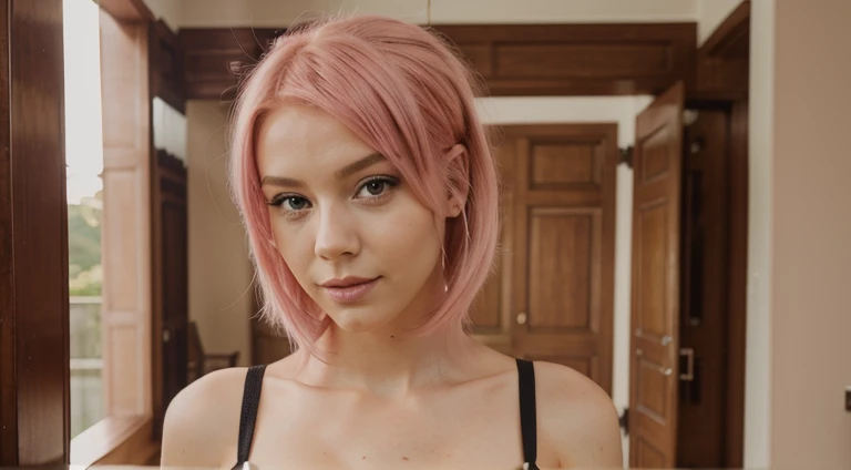 une femme de 25 ans, sexy, romantic smile, HD, 8k, masterpiece, a lot of details, pink hairs, deep look, pink eyes, pink lace lingery, viking tattoo