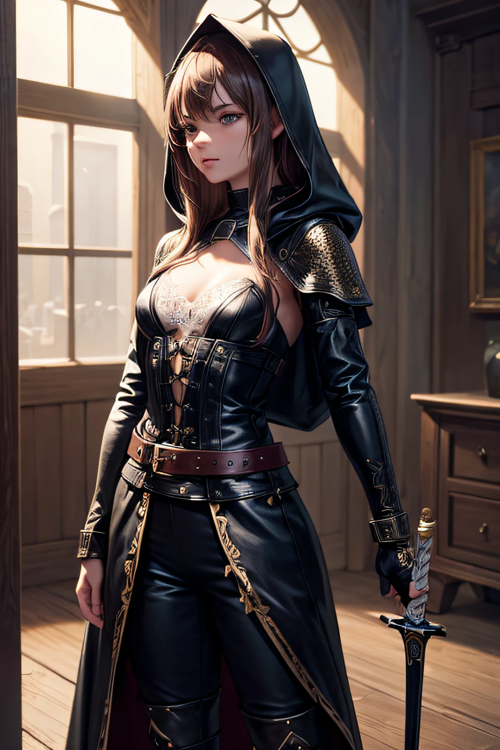 young teen girl, medieval thief, leather clothes, long pants, boots, long coat with hood,, sword attached to the belt, sexi, small breasts, , highly detailed, vibrant appearance, creative behavior, extremly detailed, imaginative, sensual, spontaneous, highest quality, skin texture, intricate details, (cinematic lighting), RAW photo, 8k, masterpiece,best quality,ultra-detailed,very detailed illustrations,extremely detailed,intricate details,highres,super complex details,extremely detailed 8k cg wallpaper,