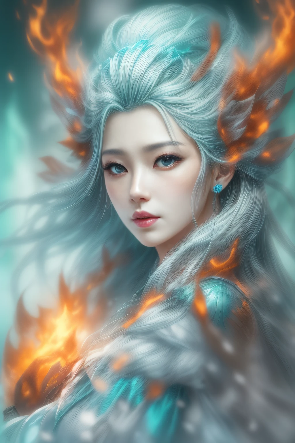 A woman with blue hair and a white dress with fire on her head - SeaArt AI