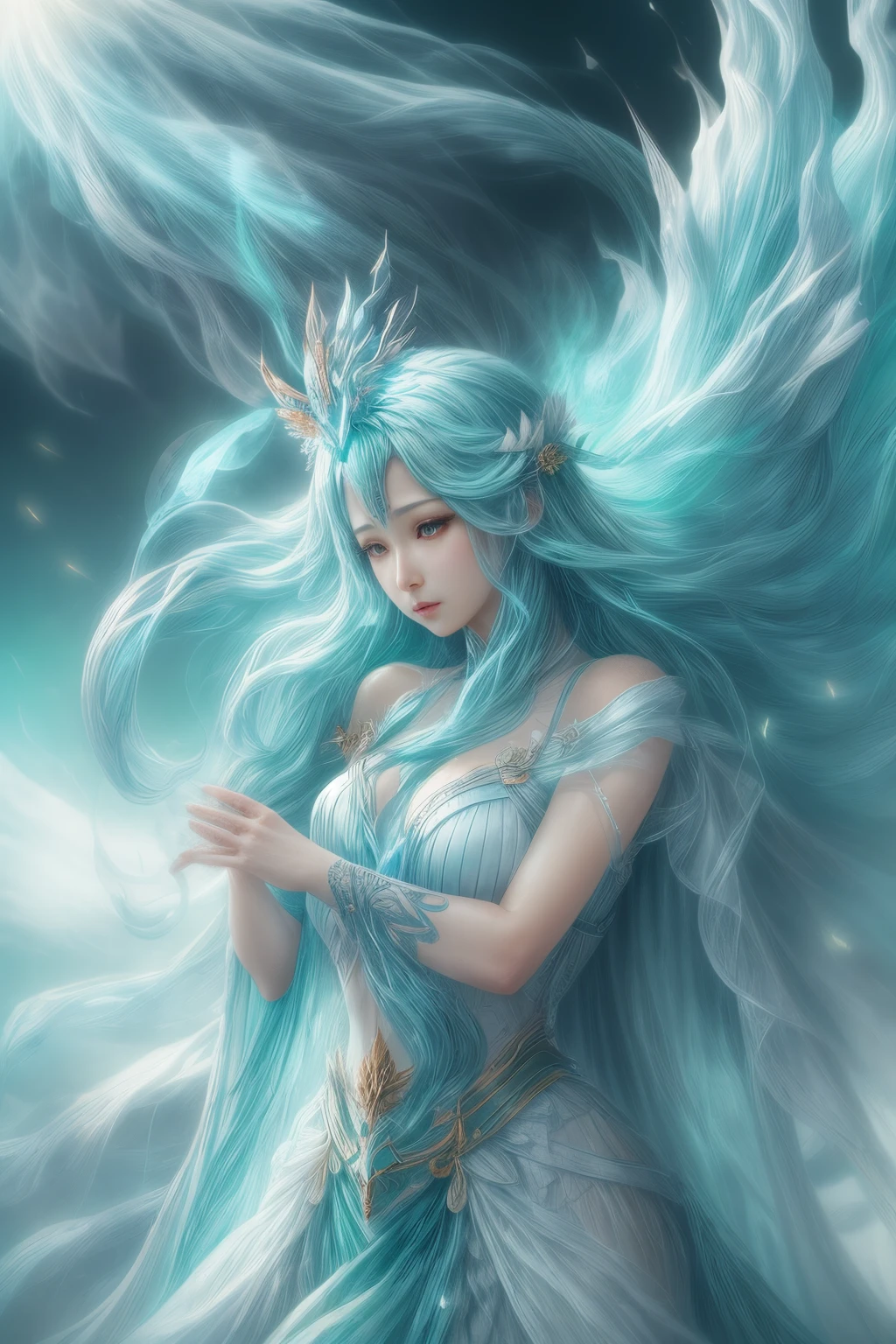 (realistic fantasy) 、The goddess of ice springs from the blazing flames.、