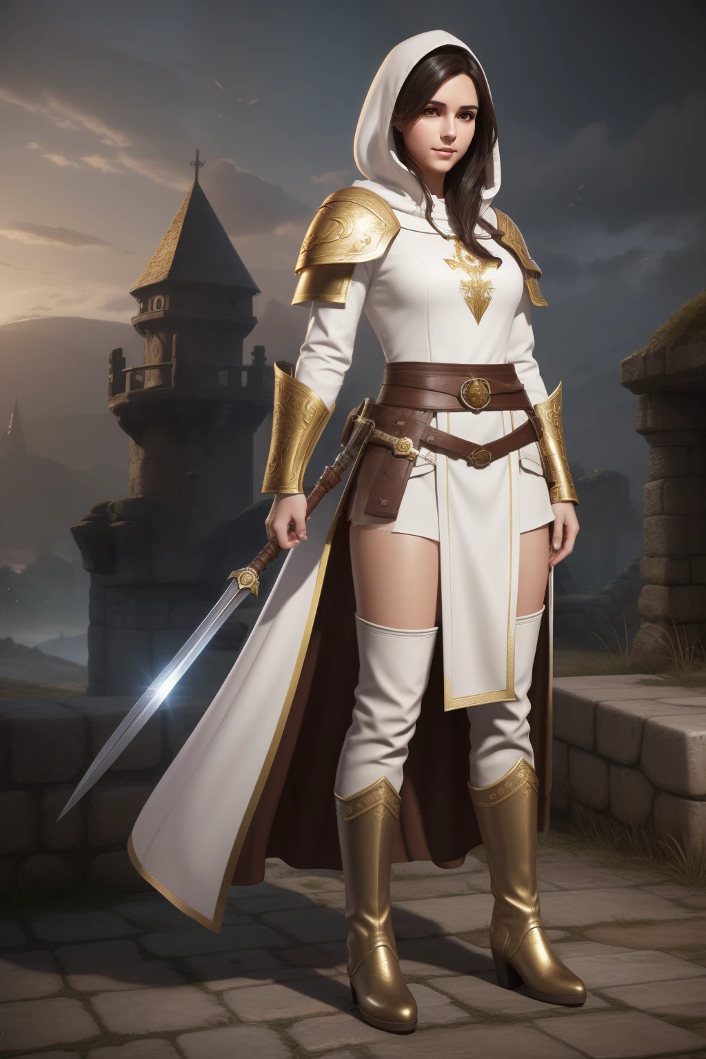 woman dark hair, brown eyes, snub nose, rounded face, realistic RPG style art, Wearing white tunic, golden armor on the cuffs, utility belt, dark hood cleric style details on the outfit, brown boots and white pants, clear color palette expression of innocence on the face, full body size medieval landscape background