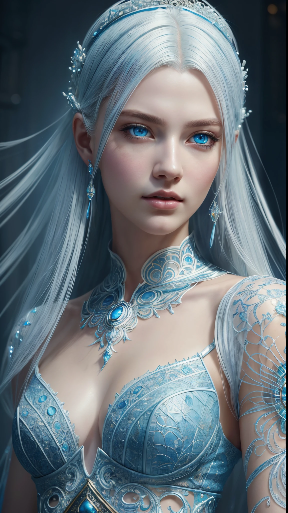 8k full body shot of beautiful 20 year old thin woman with white hair, intricate, beautifull face, elegant, highly detailed, majestic, digital hyperrealistic photography, art by artgerm and ruan jia and greg rutkowski hyperrealistic photography filigree, (masterpiece, sidelighting, finely detailed beautiful blue eyes: 1.2),