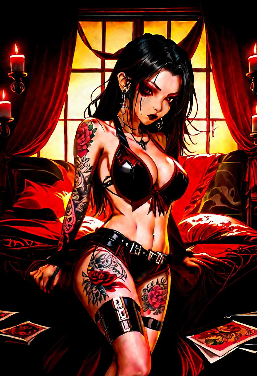best quality ,magnificent, dark shadowy night, gothic mansion bedroom illuminated by a single candle beautiful gothic Asian vampire woman with yakuza style tattoo all over her body wearing black and red leather thong bikini and black fishnet stockings with a red garter she hides in the bed with her backside revealed, backside, angry and showing her long fangs with blood dripping from the corner of her mouth, nude, topless