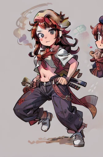 ((best quality)), ((masterpiece)), (detailed), perfect face, girl, pirate captain, ((long red hair)), full body, midriff, pistol, katana, captain's hat,
