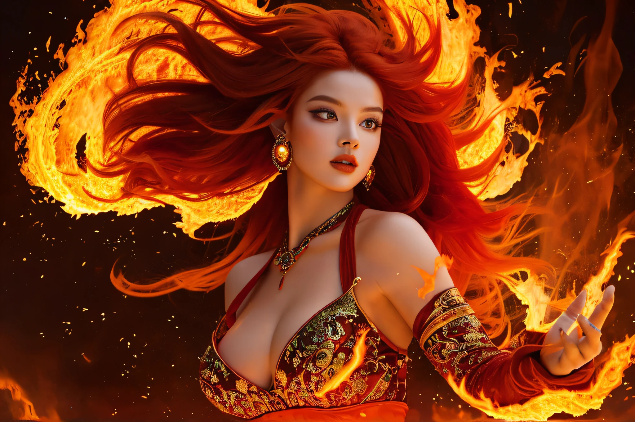 a fiery goddess, vibrant colors, intense flames, flowing red hair, mesmerizing eyes, glowing skin, powerful presence, engulfed in flames, ethereal beauty, mystical aura, elegant and fierce, mythical figure, radiant heat, burning passion, dynamic composition, sparks flying, divine power, otherworldly energy, fiery surroundings, intense heat and light, magical transformation, goddess of destruction and creation, vibrant and captivating, commanding attention, intense inferno, majestic and unstoppable, captivating gaze, transcendent being, a symbol of power and strength