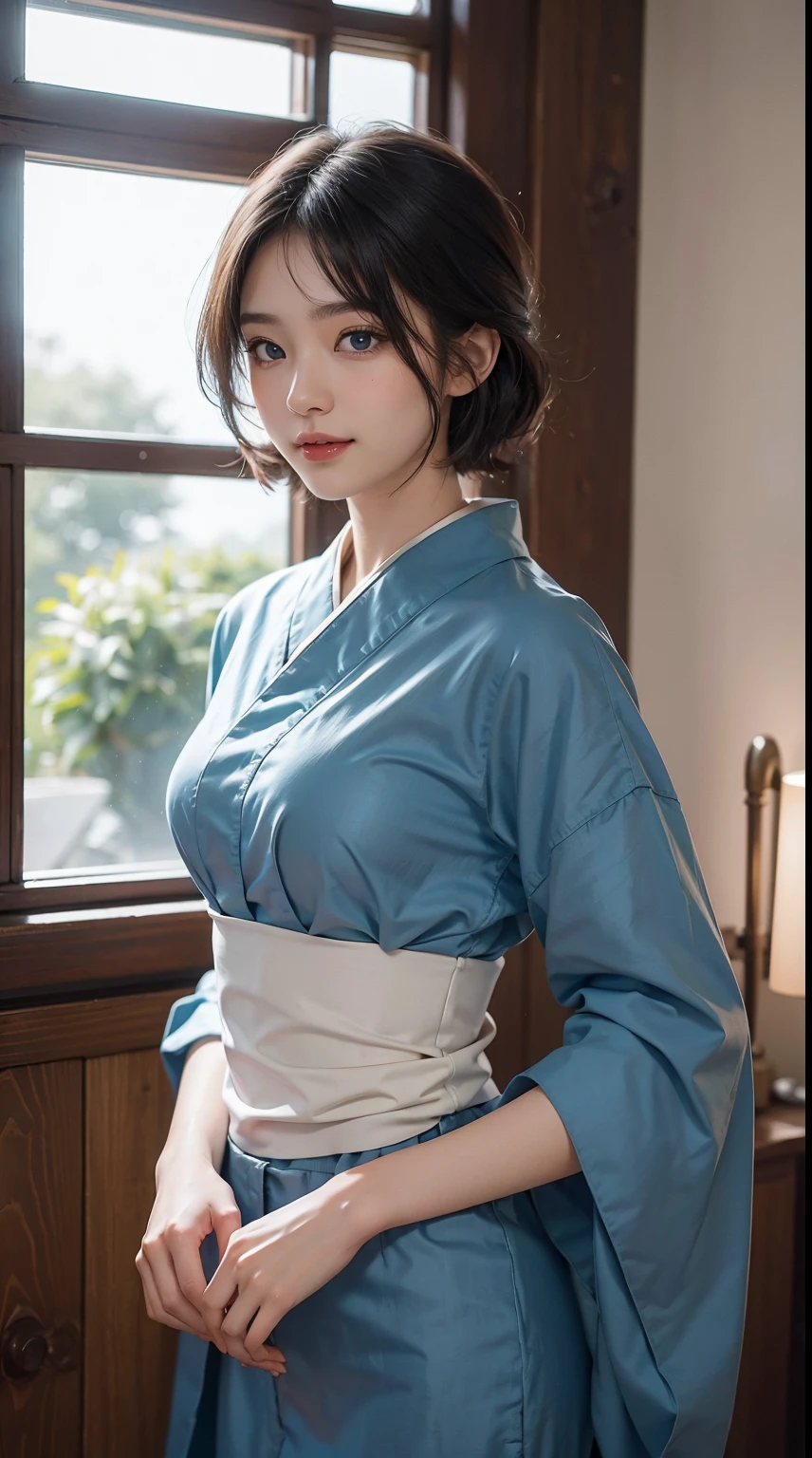 Beautie、8K、An ultra-high picture quality、japanes、1 woman around 20 years old、Black hair、short-cut、Beautiful face with blue eyes、A detailed face、Detailed eyes、realisticeyes、Detailed skin、realskin、Detailed hair strands、dishevled hair、disheveled hair、Slim body、Beautiful body、Nice style、FULL BODYSHOT、Soft looking、sexy route、Smiling、By the window in the room 、tilt the neck、