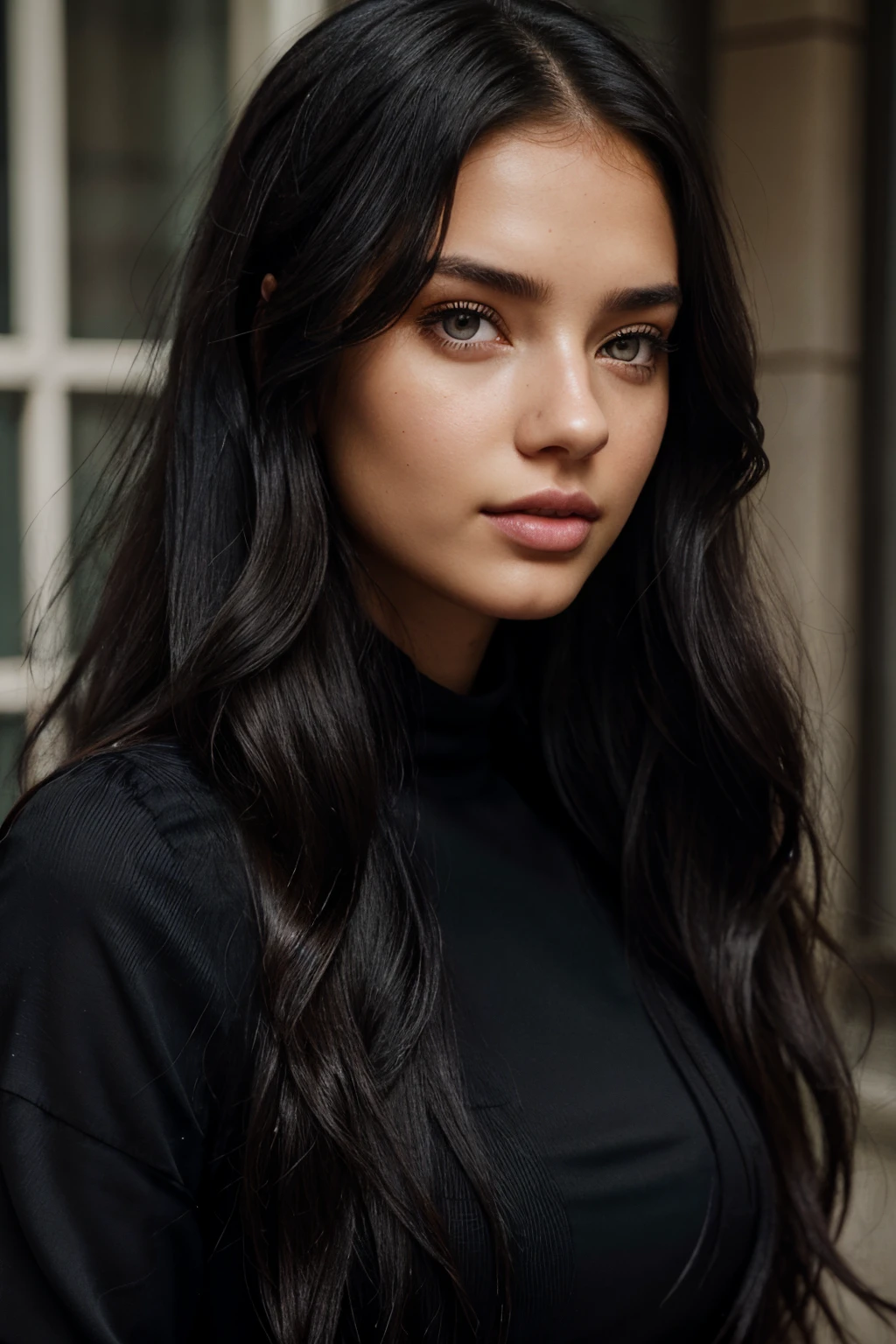 arafed woman with long black hair and bright blue eyes posing for a picture, (clear shot of head) a picture by Seb McKinnon, tumblr, realism, adriana lima, portrait sophie mudd, light makeup wavy hair, bella poarch, victoria's secret model, instagram model, face like ester exposito, wavy long - length black hair, wavy long black hair, perfect face, ruff skin, frizz in hair, textured lips