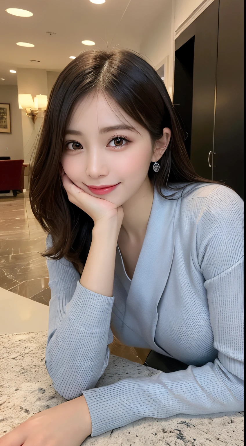 masutepiece, Best Quality, Illustration, Ultra-detailed, finely detail, hight resolution, 8K Wallpaper, Perfect dynamic composition, Beautiful detailed eyes, Casual Office Clothes,Medium Hair,small tits,Natural Color Lip, Bold sexy poses,Smile,Lobby of the finest hotel、20 years girl、Cute、Sexy shot looking at camera