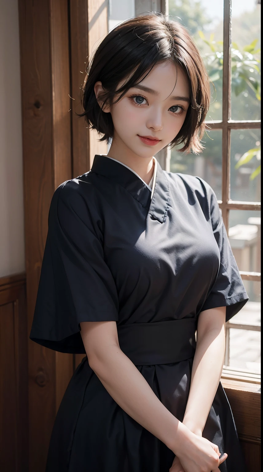 Beautie、8K、An ultra-high picture quality、japanes、1 woman around 20 years old、Black hair、short-cut、Beautiful face with blue eyes、A detailed face、Detailed eyes、realisticeyes、Detailed skin、realskin、Detailed hair strands、dishevled hair、disheveled hair、Slim body、Beautiful body、Nice style、FULL BODYSHOT、Soft looking、sexy route、Smiling、By the window in the room 、tilt the neck、