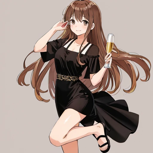 masutepiece, Best Quality,((background should be simple:1.8))、 23 year old beautiful woman, lightbrown hair:1.5、waved hair、独奏、1womanl、Wearing a sexy dress、Cheers with a glass of champagne、Full body、Bewitching smile、
