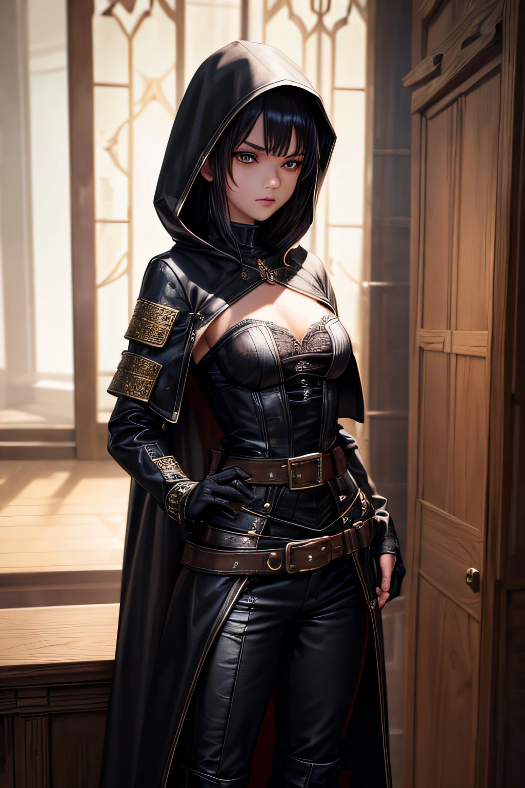 20-year-old women, Medieval thief, Leather clothing, Long trousers, boots, Hooded long coat,,Short black hair、 Sword on belt, sexly, Mid-chest, , Very detailedな, Vibrant appearance, Creative Action, Very detailedな, Imaginative, sensuous, Voluntary, Highest quality, Skin Texture, Intricate details, (Cinema Lighting), RAW Photos, 8k, masterpiece,Highest quality,Very detailedな,Very detailedなイラスト,Very detailed,Intricate details,High resolution,Very informative details,Very detailed 8k cg wallpaper,