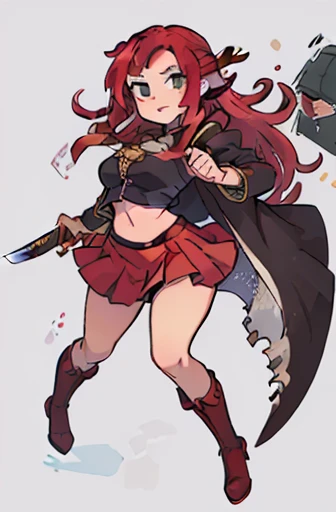 ((best quality)), ((masterpiece)), (detailed), perfect face, girl, pirate captain, ((long red hair)), full body, midriff, pistol, katana, red cloak, red short skirt, long black boots,